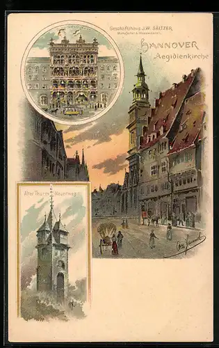 Lithographie Hannover, Geschäftshaus J.W. Sältzer Schmiedestrasse, Alter Thurm Neuer Weg, Aegidienkirche