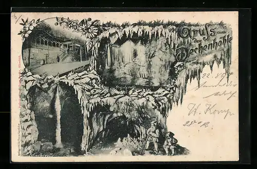 AK Iserlohn, Dechenhöhle, Orgelgrotte, Palmengrotte, Laube, Bahnhof