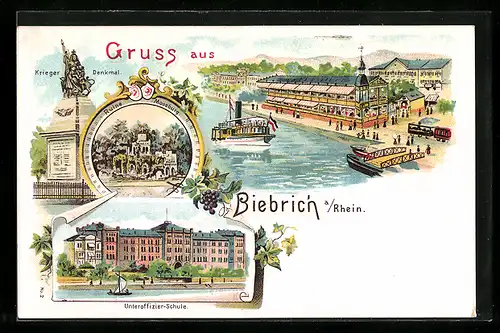 Lithographie Biebrich a. Rhein, Ruine Moosburg, Unteroffizier-Schule, Krieger-Denkmal