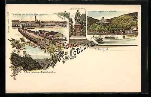 Lithographie Coblenz, Burg Lahneck und Niederlahnstein, Stolzenfels und Capellen, Goeben-Denkmal