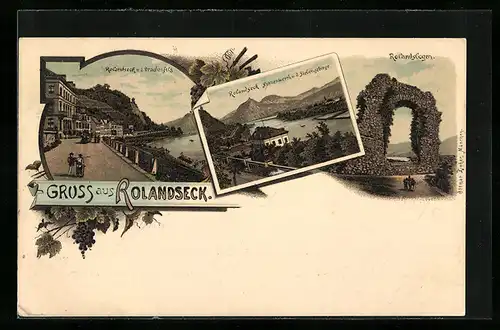 Lithographie Rolandseck, Ortsansicht mit Drachenfels, Rolandsbogen