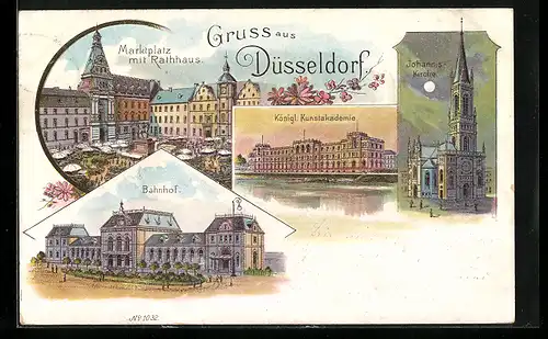 Lithographie Düsseldorf, Königliche Kunstakademie, Bahnhof, Marktplatz mit Rathaus