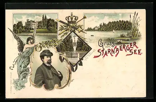 Lithographie Starnberg /Starnberger See, Unglückstätte, Schloss Berg, Denkmal König Ludwig II.