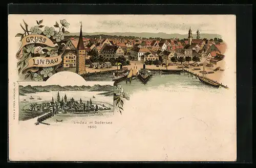 Lithographie Lindau im Bodensee, Teilansichten heute und im Jahre 1600