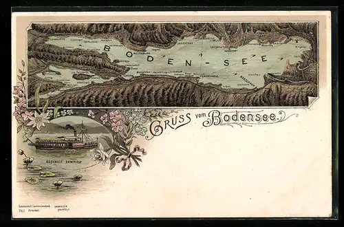 Lithographie Landkarte vom Bodensee mit Umgebung, Dampfer