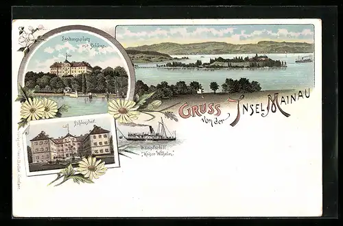 Lithographie Insel Mainau, Ortsansicht mit Landungsplatz und Schloss