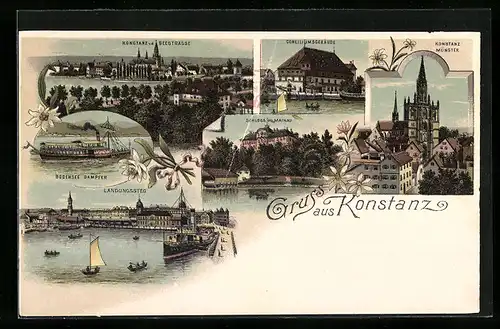 Lithographie Konstanz, Schloss Mainau, Bodensee-Dampfer, Conciliumsgebäude