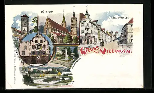 Lithographie Villingen, Münster, Altes Rathaus, Schwanenteich