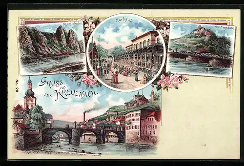 Lithographie Kreuznach, Kurhaus, Die Ebernburg, Rheingrafenstein