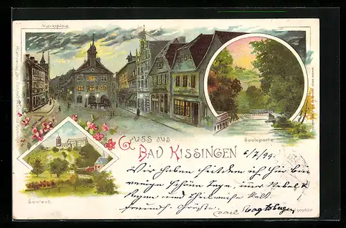 Lithographie Bad Kissingen, Marktplatz bei Mondschein, Saalepartie, Saaleck