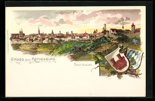 Lithographie Rothenburg, Totalansicht und Wappen