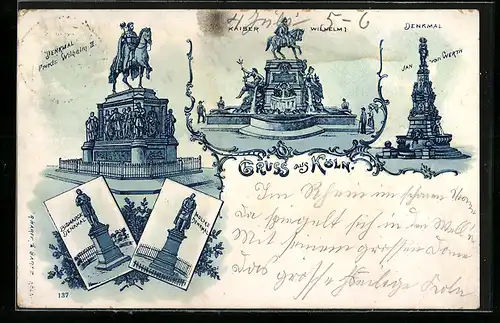 Lithographie Köln, Denkmal Kaiser Wilhelm I., Denkmal Jan van Werth, Bismarck- und Moltke-Denkmal