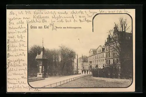 AK Kiel, Strassenpartie am Schlossgarten mit Wettersäule