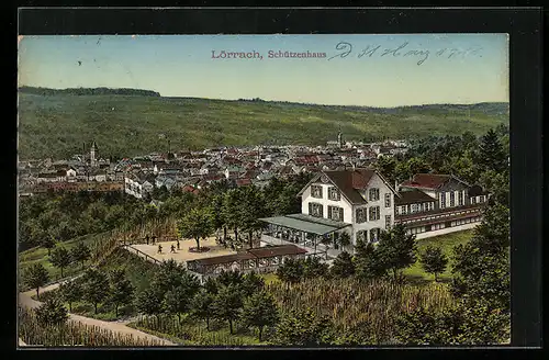 AK Lörrach, Totalansicht mit Gasthaus Schützenhaus aus der Vogelschau