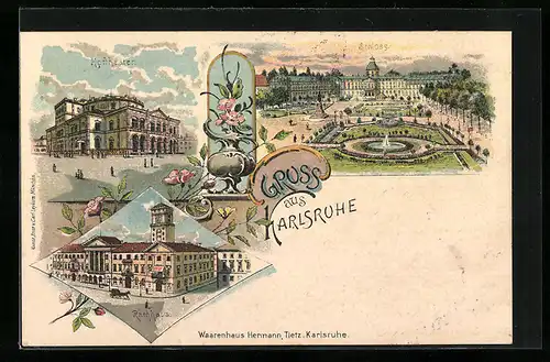Lithographie Karlsruhe, Schloss, Hoftheater, Rathaus
