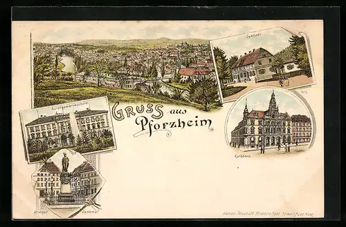 Lithographie Pforzheim, Kunstgewerbeschule, Rathaus, Kriegerdenkmal, Seehaus