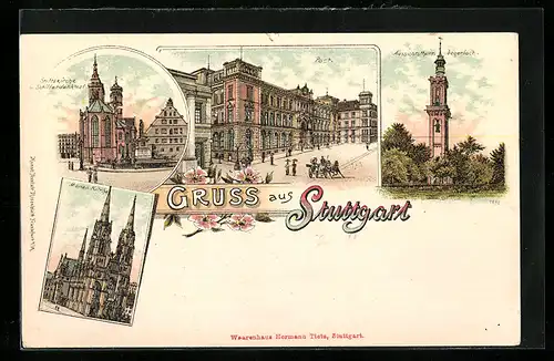 Lithographie Stuttgart, Post, Aussichtsturm Degerloch, Marien-Kirche
