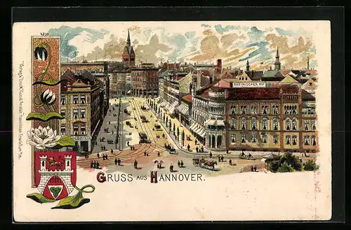 Lithographie Hannover, Strassenpartie mit Hotel Rheinischer Hof und Strassenbahn