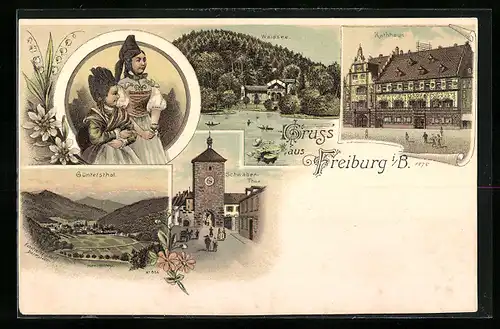 Lithographie Freiburg i. B., Rathaus, Waldsee, Güntersthal