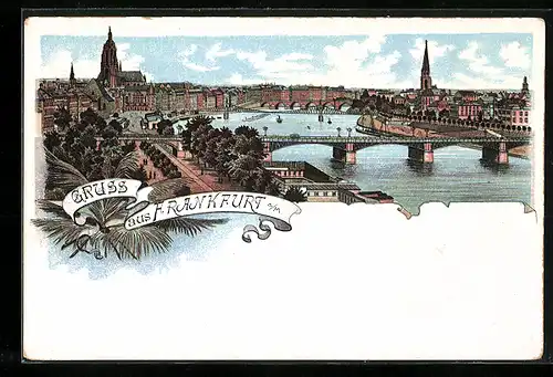 Lithographie Alt-Frankfurt, Mainansicht mit Dom und Brücken