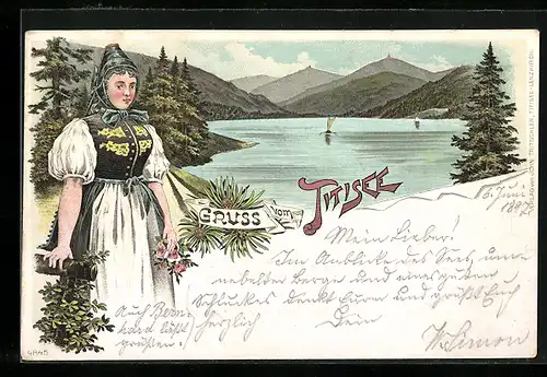 Lithographie Titisee, Panorama u. Frau in Tracht