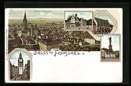 Lithographie Freiburg i. Br., Kaufhaus, Rathaus, Sieges-Denkmal