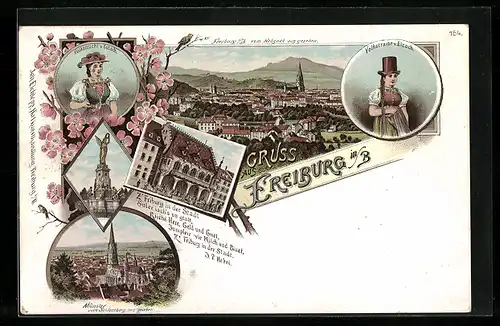 Lithographie Freiburg, Teilansicht, Frau in Volkstracht v. Elzach, Münster, Frau in Volkstracht v. Gutach