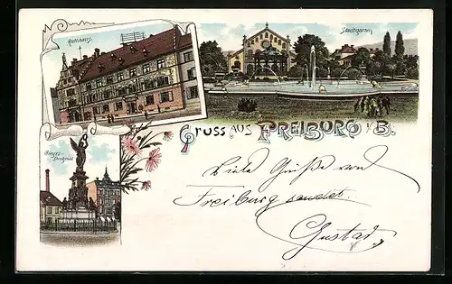 Lithographie Freiburg i. B., Rathaus, Stadtgarten, Sieges-Denkmal