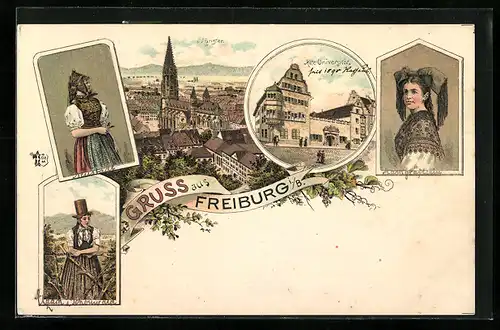 Lithographie Freiburg i. B., Teilansicht mit Münster, Alte Universität, Trachten