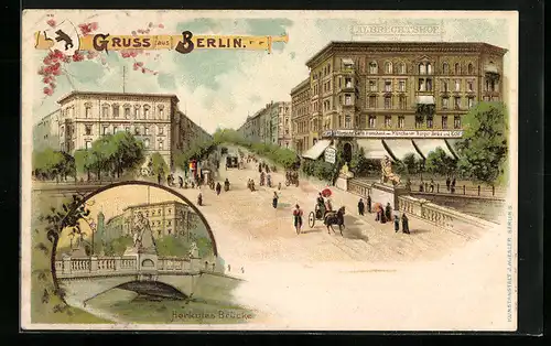 Lithographie Berlin-Tiergarten, Hotel Albrechtshof, Lützowplatz, Herkules Brücke