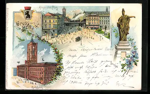Lithographie Berlin, Alexander-Platz mit Strassenbahn, Rathaus, Berolina