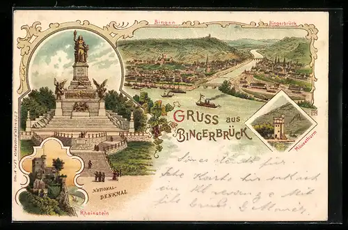 Lithographie Bingerbrück, Nationaldenkmal, Burg Rheinstein, Mäusethurm und Ortspanorama