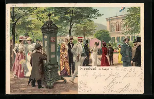 Lithographie Kissingen, Partie im Kurpark mit Wettersäule