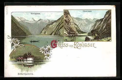 Lithographie Königsee, St. Bartholomä, Königsee, Obersee