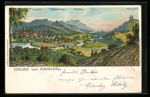 Lithographie Lichtenfels, Gruss aus dem Mainthal, Ortsansicht mit Vierzehnheiligen und Schloss Banz