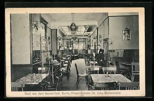 AK Berlin, Gruss aus dem Bessel-Cafe, Friedrichstrasse 29, Ecke Besselstrasse