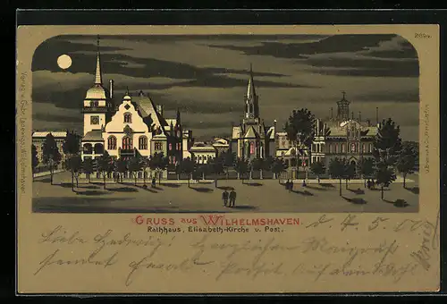 Mondschein-Lithographie Wilhelmshaven, Rathaus, Elisabeth-Kirche und Post