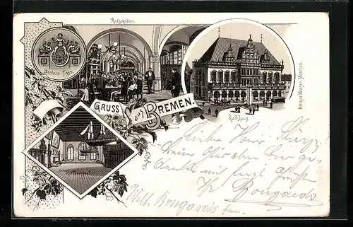 Lithographie Bremen, Rathhaus, Rathskeller und Rathhaussaal, Bachus-Fass