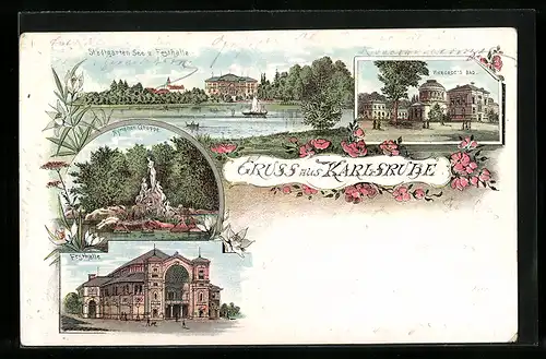 Lithographie Karlsruhe, Vierordt`s Bad, Nymphen Gruppe und Festhalle