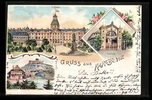 Lithographie Karlsruhe, Schloss und Festhalle