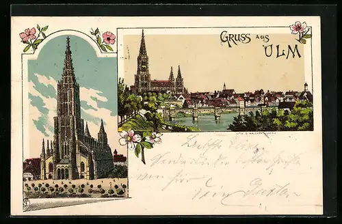 Lithographie Ulm, Ortsansicht mit Münster