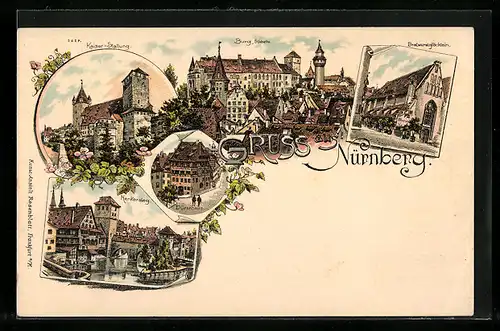Lithographie Nürnberg, Bratwurstglöcklein, Burg, Henkersteg