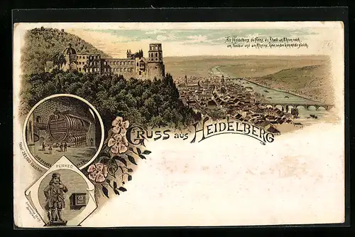 Vorläufer-Lithographie Heidelberg, 1895, Stadtansicht, Das grosse Fass, Perkeo