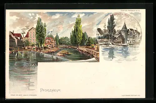 Lithographie Pforzheim, Wasserturm (Au), Stadtansichten