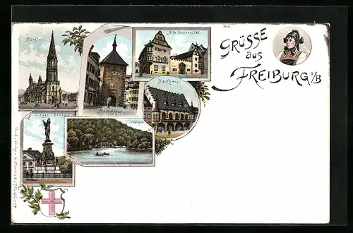 Lithographie Freiburg i. B., Münster, Alte Universität, Waldsee & Kaufhaus