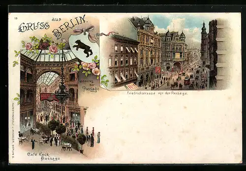 Lithographie Berlin, Friedrichstrasse, Ansicht der Passage mit Strassenbahn, Inneres der Passage mit Café Keck
