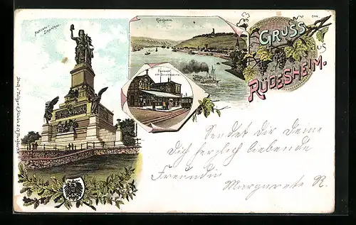 Lithographie Rüdesheim am Rhein, National-Denkmal, Bahnhof der Zahnradbahn