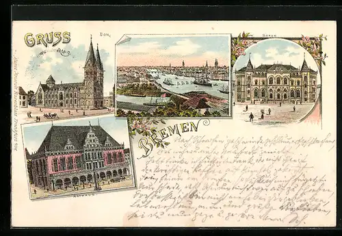 Vorläufer-Lithographie Bremen, 1895, Dom, Börse, Ortsansicht mit Hafen