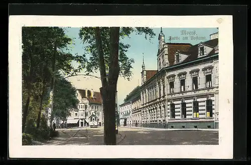 AK Moers, Partie am Postamt mit Strassenbahn