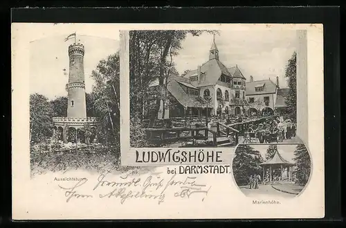 AK Darmstadt, Hotel-Restaurant Ludwigshöhe W. Emmel mit Aussichstturm